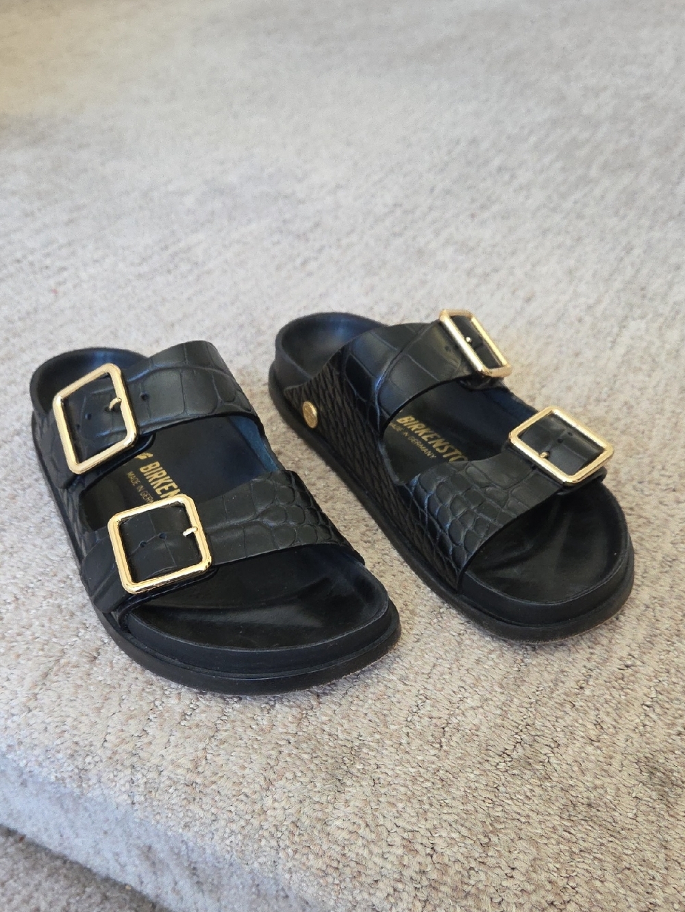 Black 1774 Croc-Embossed Double Buckle Sandals with Gold Hardware
